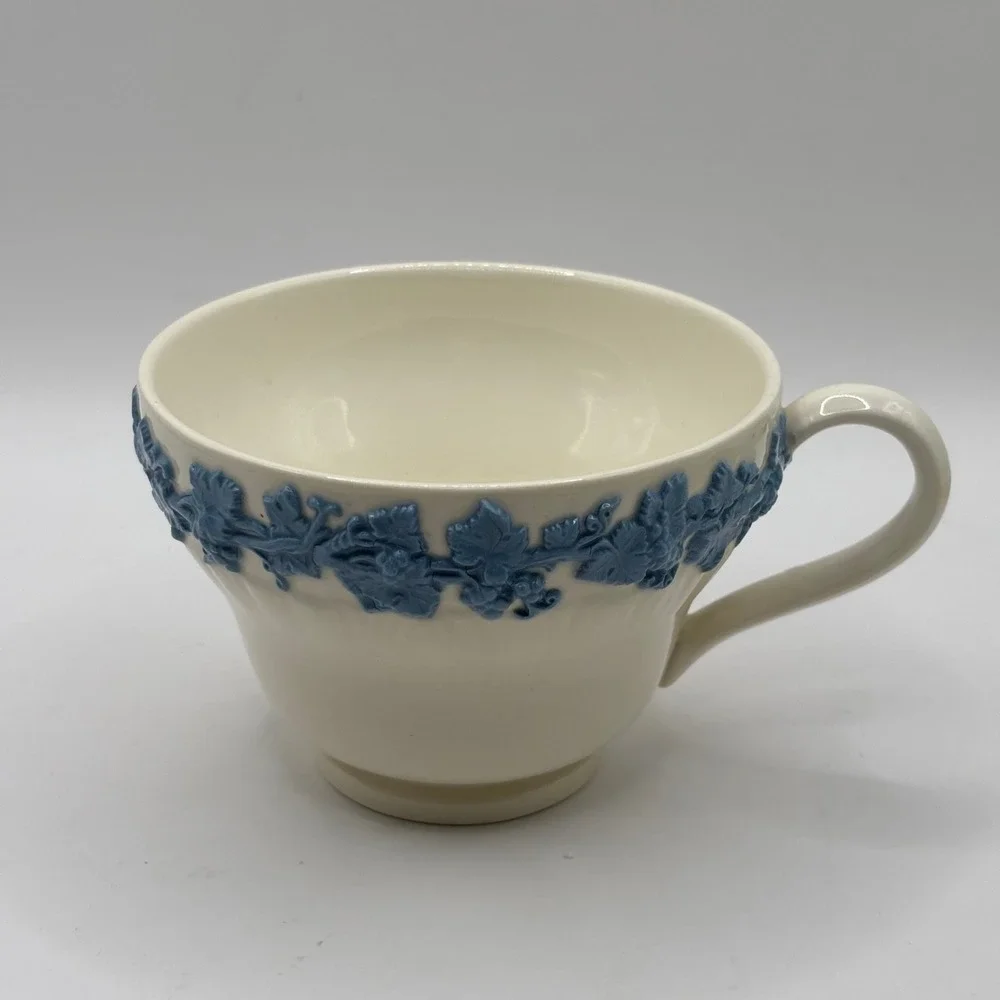 Wedgwood Embossed Queens‎ Ware Tea Cup and Saucer Lavender Blue on Cream England